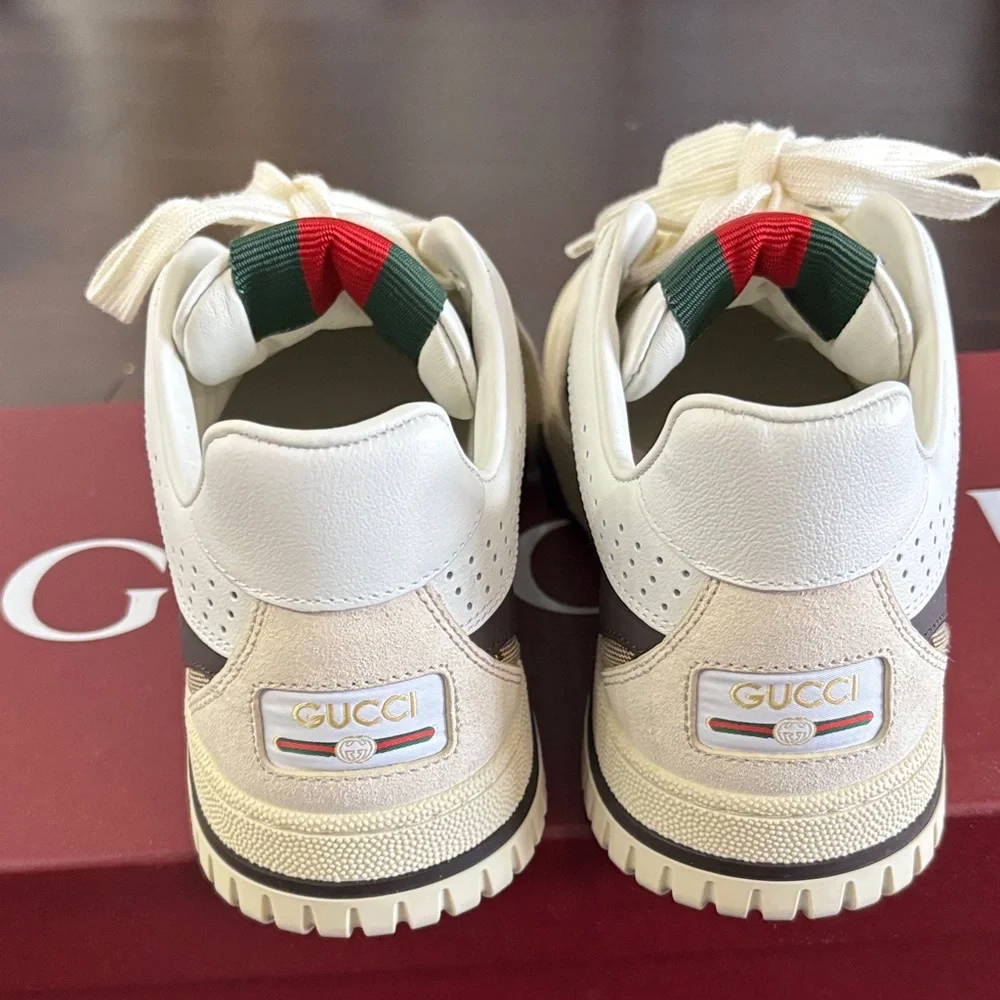 Gucci white and Brown Logo-Print Sneakers with Red & Green Detail